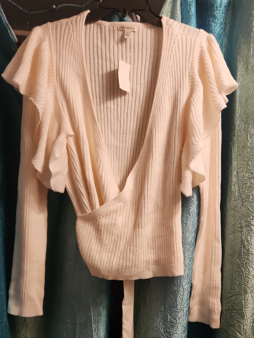 Versona Cream Ribbed Wrap Sweater with Ruffle Sleeves